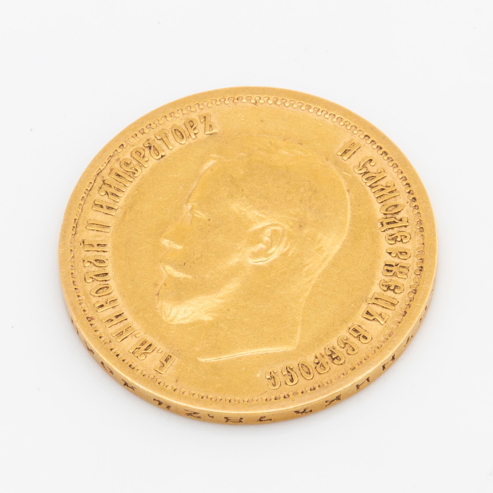 A Russian 10 Rubel gold coin, Nicolas II, 1899.