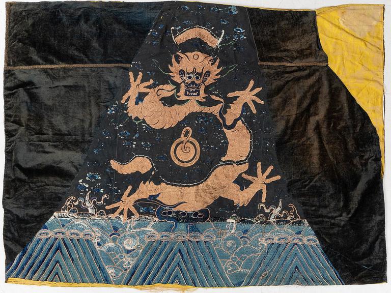 An embrodiered textile with a five clawed dragon, lined with yellow silk, Qing dynasty.