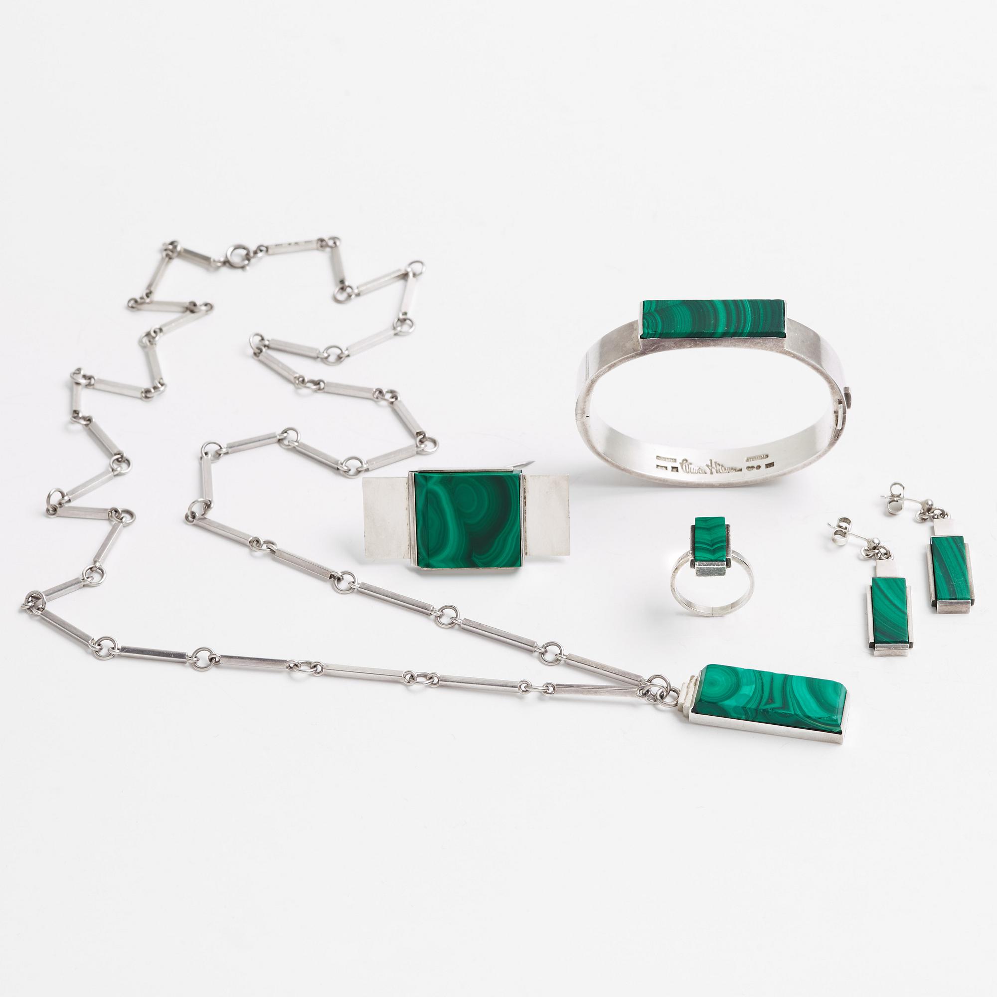 A Wiwen Nilsson set of six pieces of silver and malachite jewellery, Lund Sweden 1934-66.