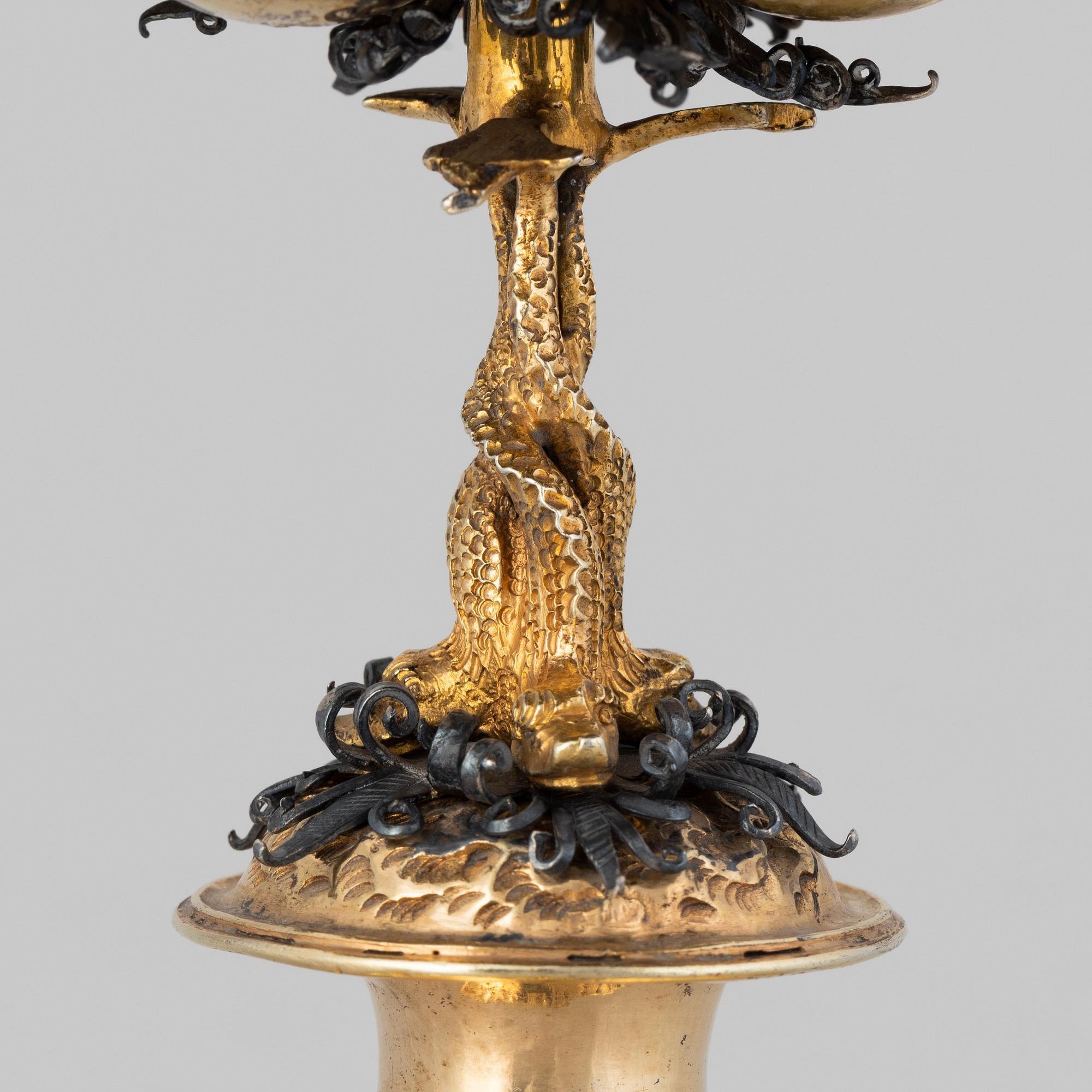 A German parcel-gilt saltcellar/spice rack, makers mark Paulus Braunacker, Nurnberg, probably mid 17th Century.