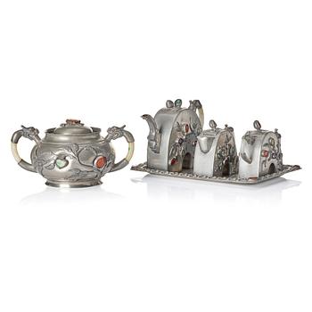 1171. A five piece stone inlayed pewter tea service, China, early 20th century.