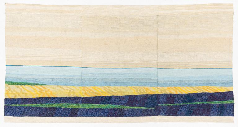 A three-piece woven wall hanging, signed  R. Murikoff and dated -77, c. 150 x 290 cm each.