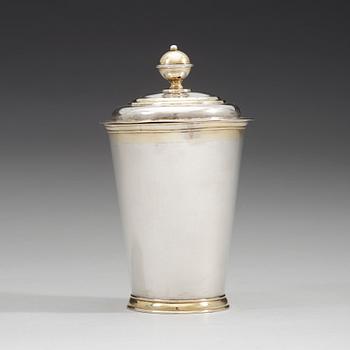 A Baltic 18th century parcel-gilt beaker and cover, mark of Joachim Friedrick Kachel (Dorpat 1717-).