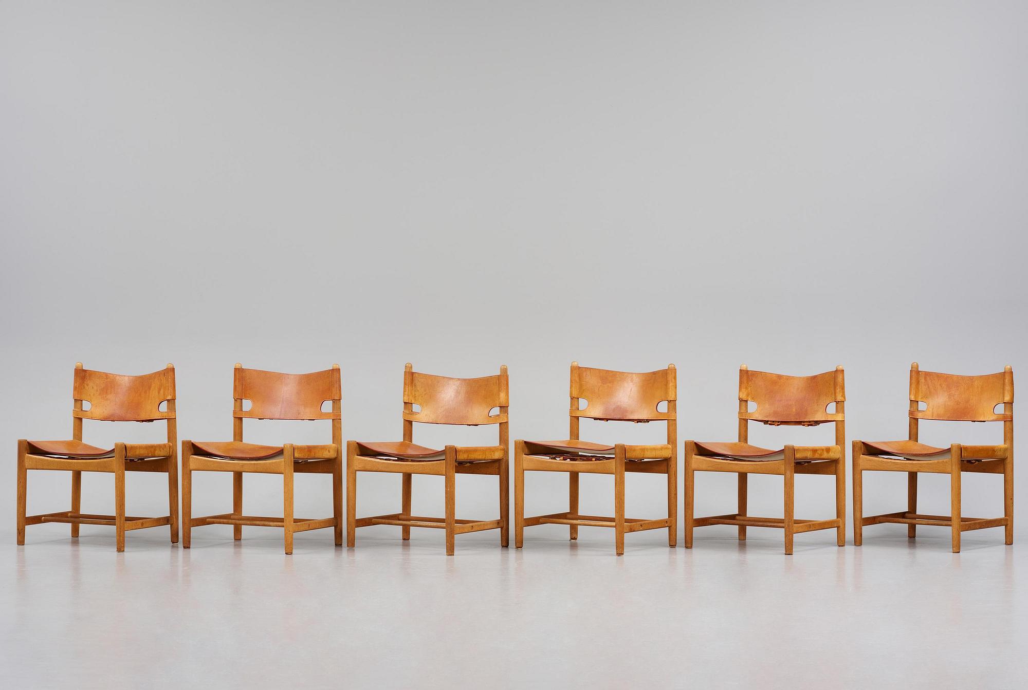 Børge Mogensen, a set of eight "Jagtspisestol"/"Spanish Dining" chairs model 3237 & 3238, Fredericia Stolefabrik, Denmark.