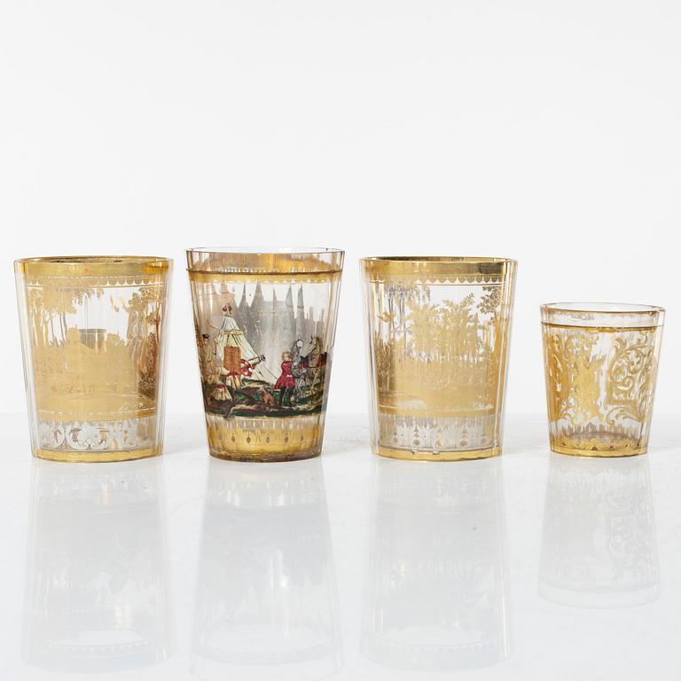 Four zwischengoldglas glasses, three of historic style from around the year 1900, one older.