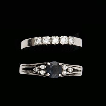 RINGAR, 2st, 18k resp 14k vitguld en med briljantslipade diamanter tot ca0,20ct och safir. Totalvikt ca ca6g.
