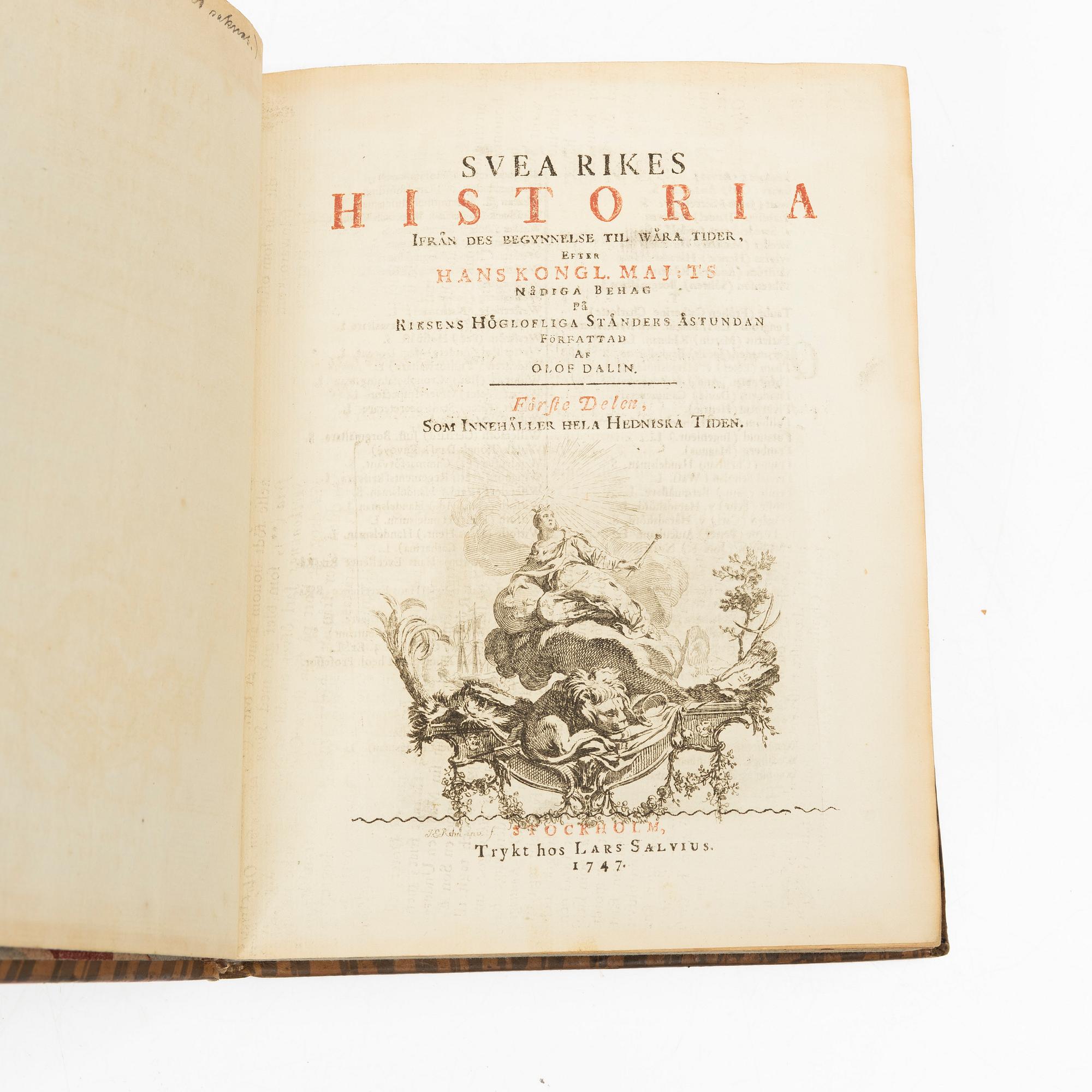 Books, four volumes,'Svea Rikes Historia', Olof Dalin, Lars Salvius, Stockholm, 1747-62.