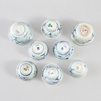 Eight blue and white cups, Ming dynasty (1368-1644).
