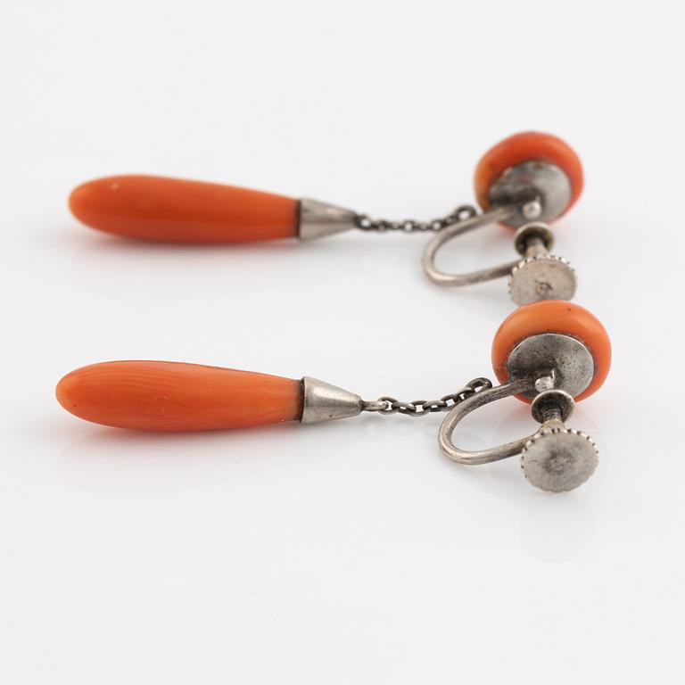Silver and coral earrings and brooch.