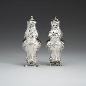 A Swedish 18th century silver sugar-casters, marked Lorentz Lindgren, Borås 1779, and one later copy with false marks.
