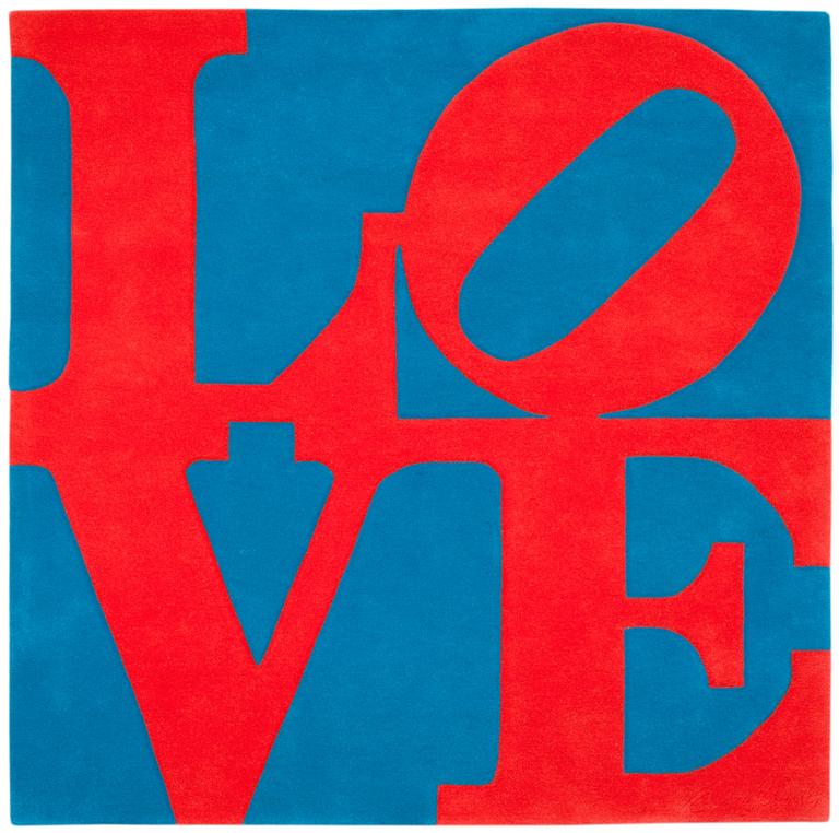 Robert Indiana, CARPET. "Red on Blue", Chosen love. Tufted in 1995. 181,5 x 183,5 cm. Robert Indiana, USA, born in 1928.