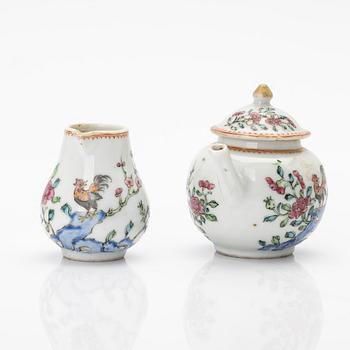 A Chinese famille rose porcelain teapot with cover and milk jug, Qing dynasty, Qianlong (1736–95).