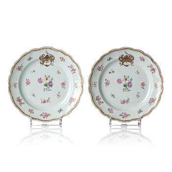 1029. A pair of famille rose armorial dishes, Qing dynasty, Qianlong (1736-95).