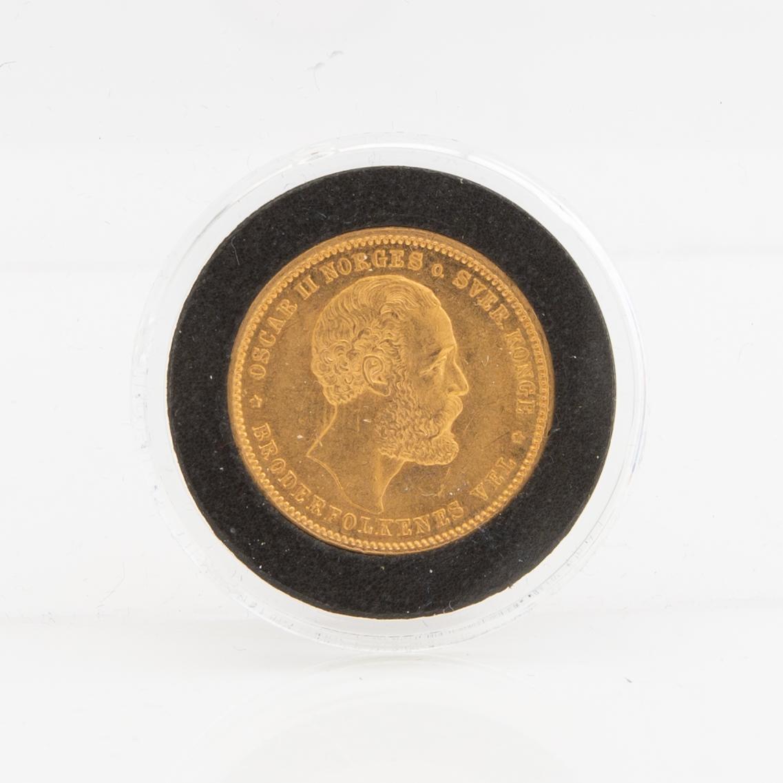 Guldmynt Norge, Oscar II 20 kr 5 Speciedaler, 1875.