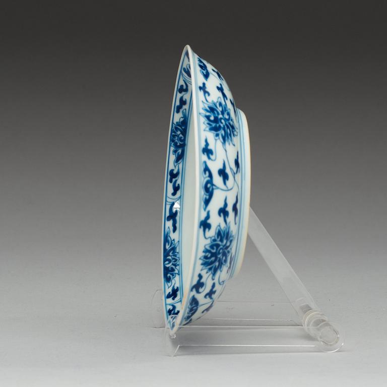 A Chinese blue and white lotus dish, Republic with Kangxi six character mark.