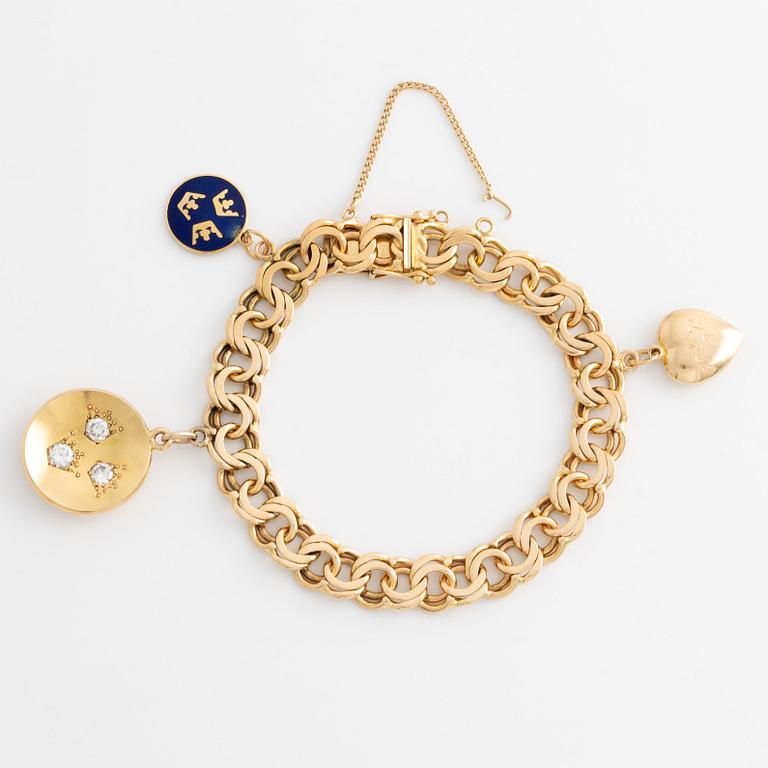 An 18K gold charm bracelet, one charm set with round brilliant-cut diamonds.