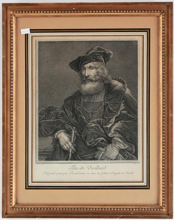 KOPPARSTICK, 2 st, bla efter Rembrandt, 1700/1800-tal.