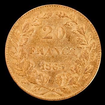 GULDMYNT, 20 fr, Leopold, Belgien, 1865. Vikt ca 6 g.