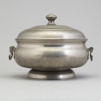 A Swedish pewter lidded porridge bowl , mark of Gustaf Silow (1848-75) and nine 19th century pewter tankards.