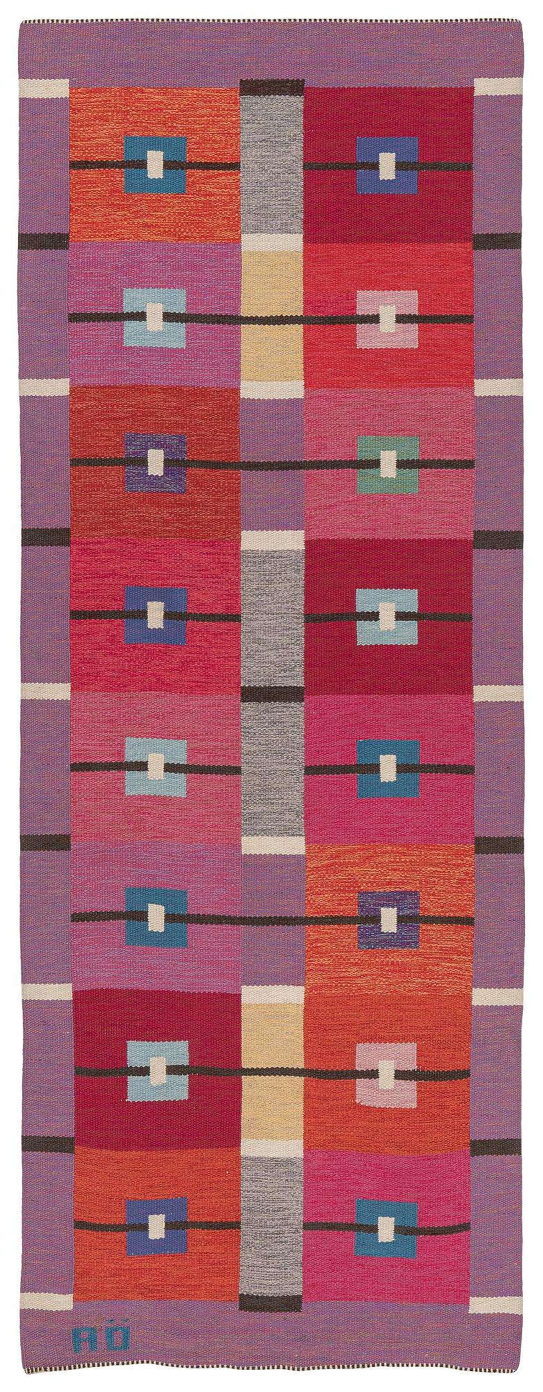 Agda Österberg, a flat weave and tapestry weave carpet, c. 330 x 123 cm, signed AÖ.