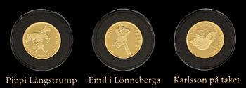 MYNT, 3 st, guld, Astrid Lindgren, nr 853/1000, 1900/2000-tal. Tot 25,8 gr.