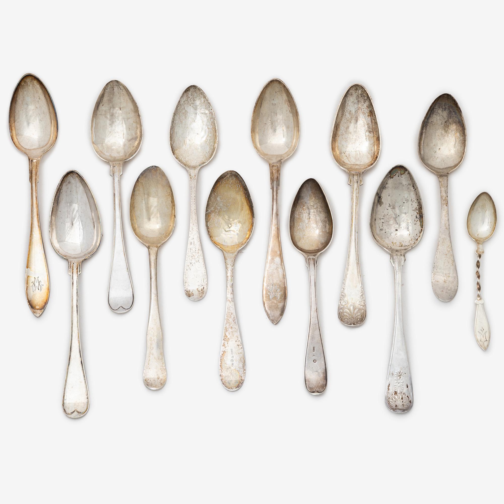 Sixteen silver spoons and seven teaspoons, Sweden, 19th and 20th century.