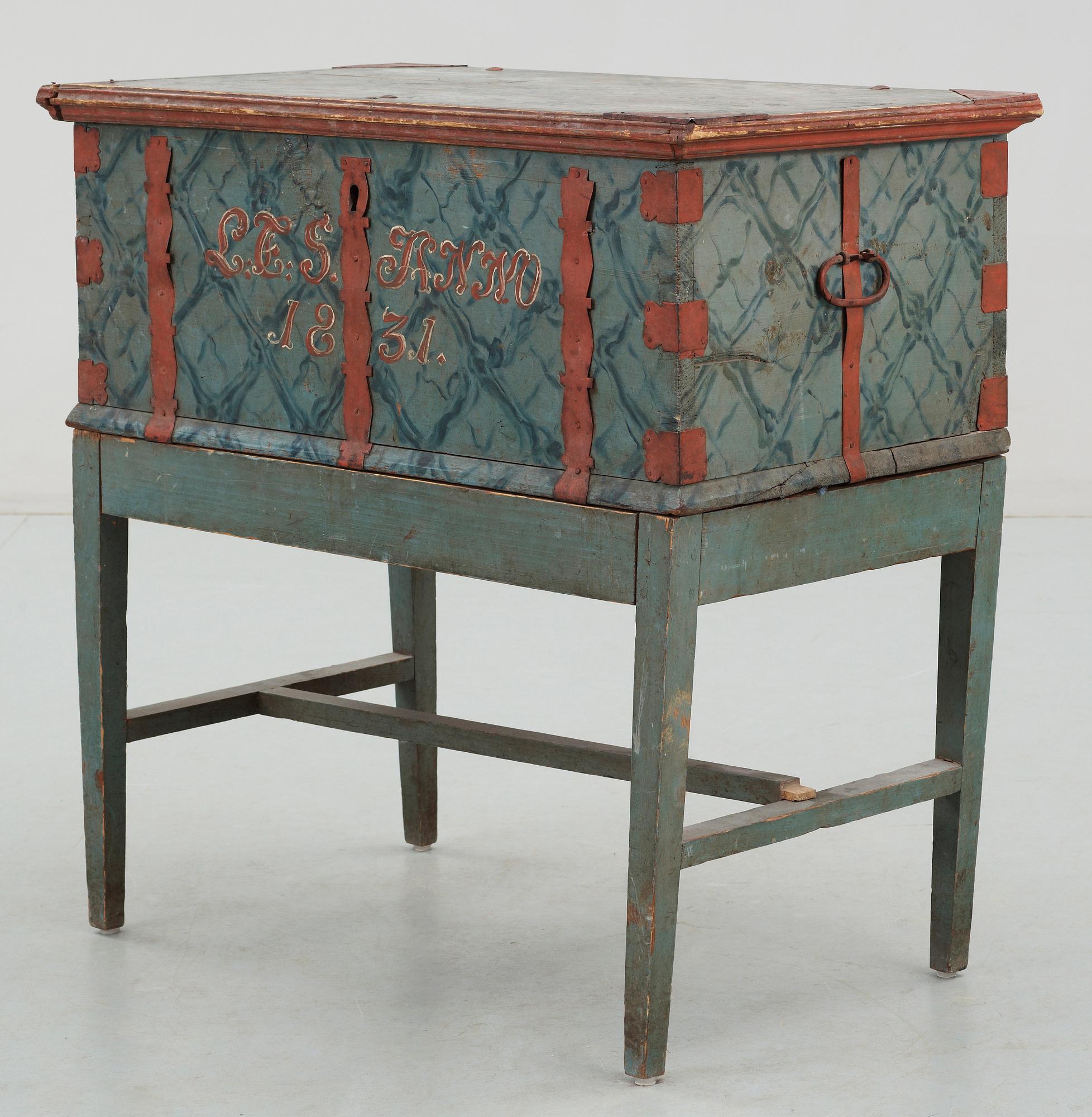 KISTA PÅ BENSTÄLLNING, allmoge, Hälsingland. Daterad 1831.