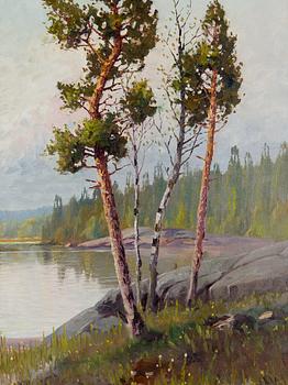 Ejnar Kohlmann, Pines and birches by the shore.