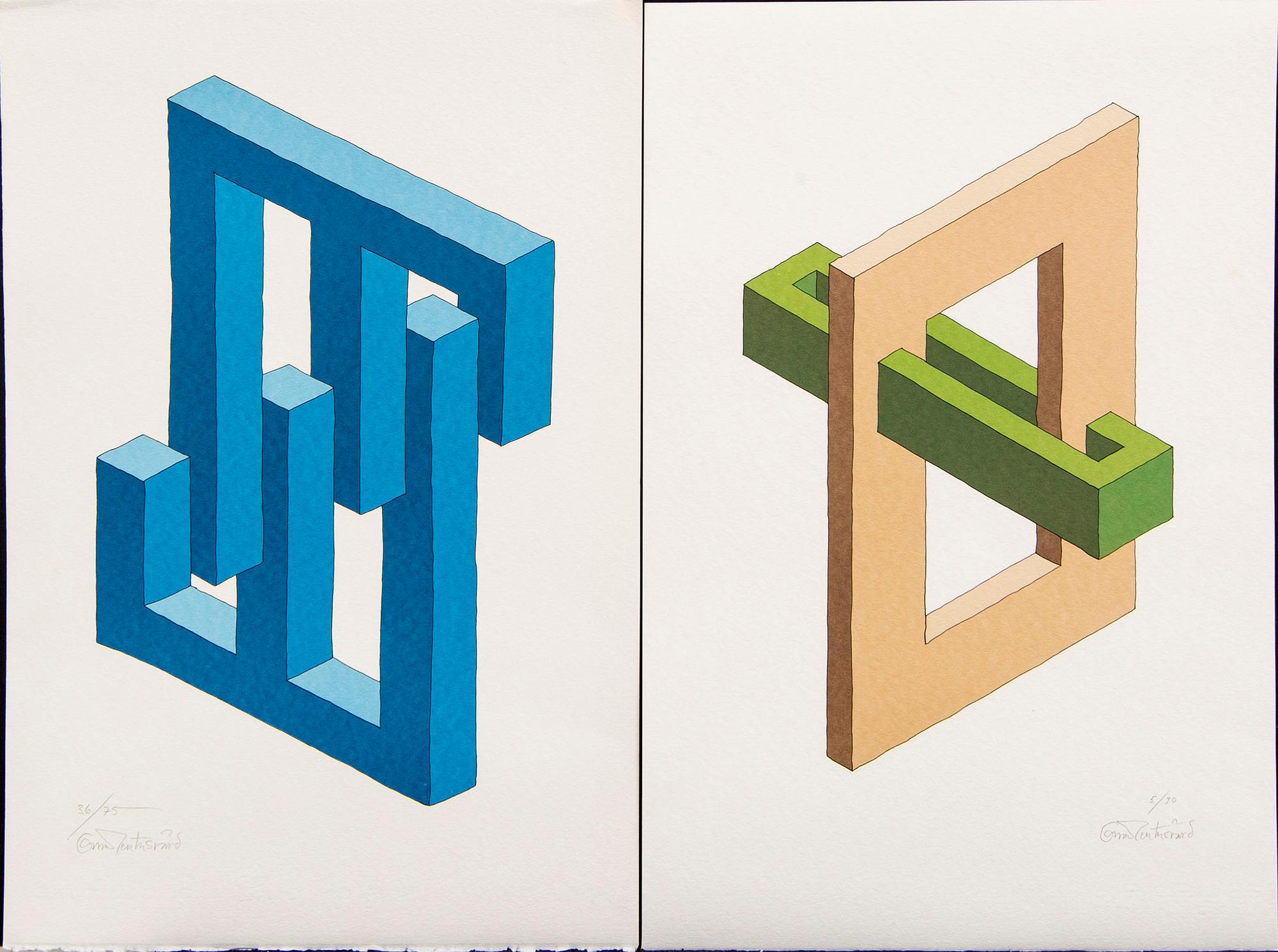 Oscar Reutersvärd, three color lithographs, signed 6/75, 36/75 & 5/90.