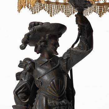 Auguste Poitevin, after, a pair of "Frondeur" sculptures/tablelamps, France, early 20th century.