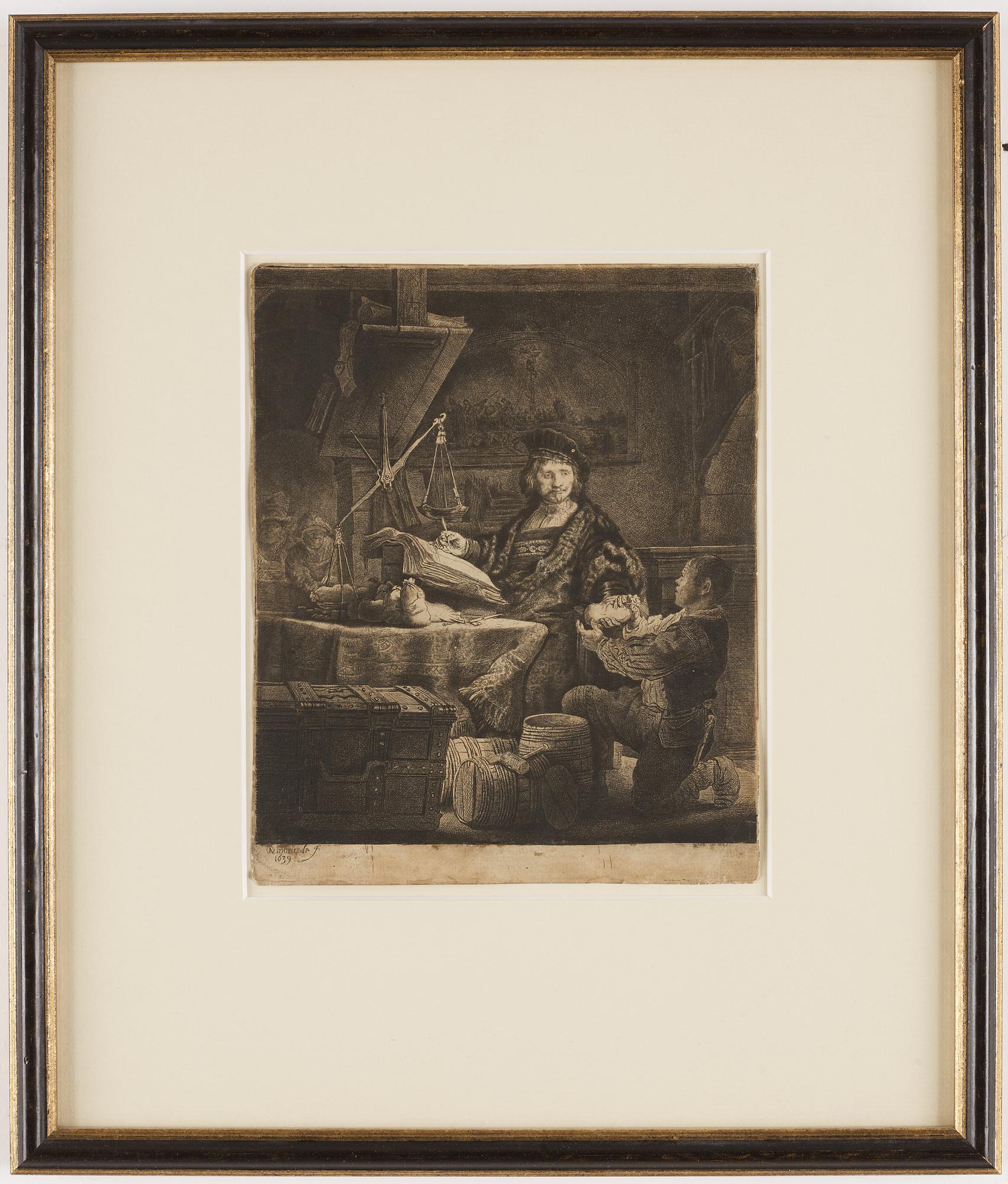 REMBRANDT HARMENSZ VAN RIJN, "The Goldweigher", etching and drypoint, signed in print etat III av IV "Rembrandt 1639".