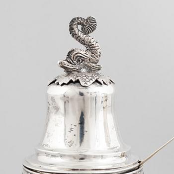 A Swedish Empire silver sugar bowl with sugar spoon, mark of Carl Lindström, Borås 1842.