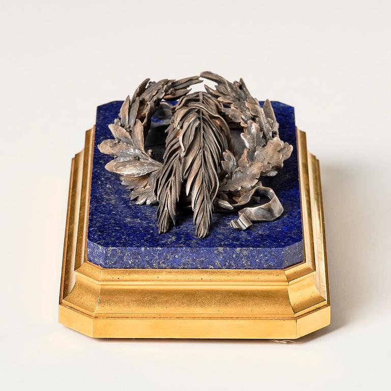 An ormolu, lapis-lazuli and silver paperweight by Fannière Frères (Paris 1839-1900).