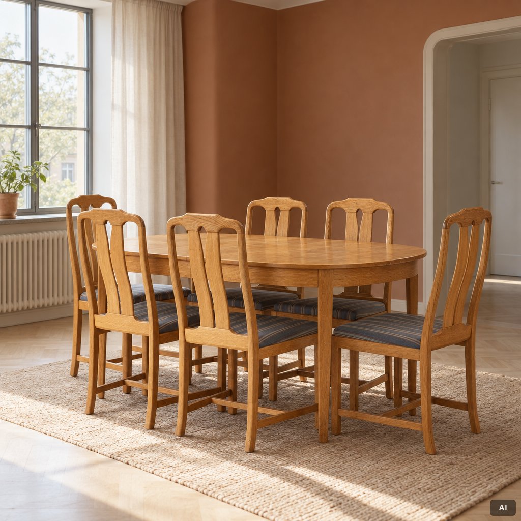 Carl Malmsten, Dining table with 6 chairs, “Ambassadör”, second half of the 20th century.