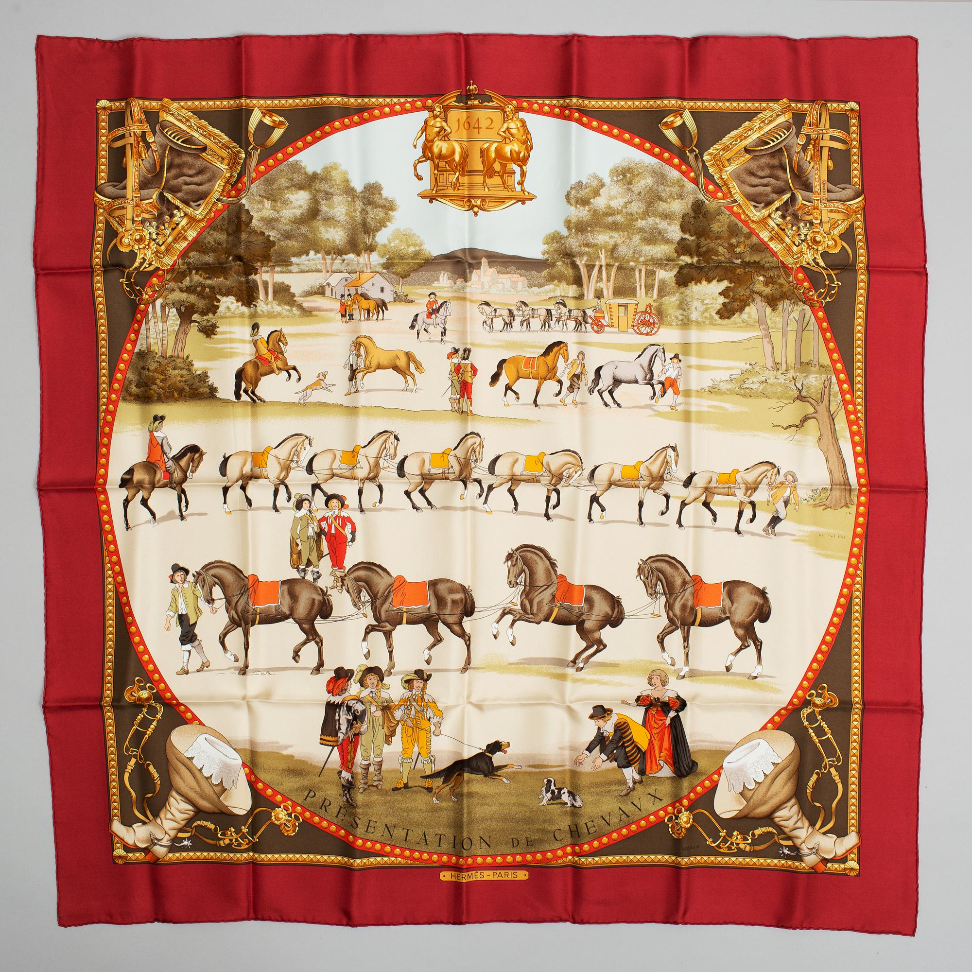 HERMÈS, a 'Presentation des Chevaux' silk scarf.