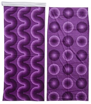 122. A FABRIC, CURTAINS, 2 PIECES AND SAMPLERS, 9 PIECES. Cotton velor. A variety of aubergine colour nuances and patterns.