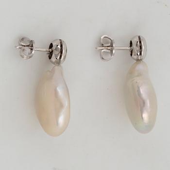 Cultured freshwater pearl and diamond earrings.