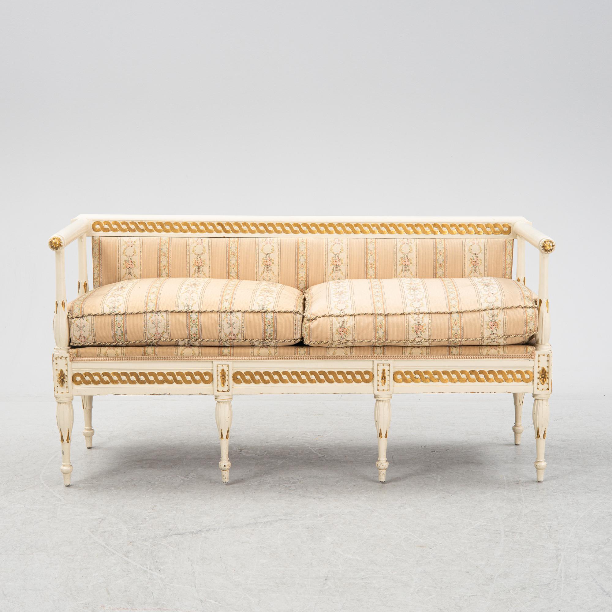 A Late Gustavian sofa, chair and stool, 19th and 20th century.