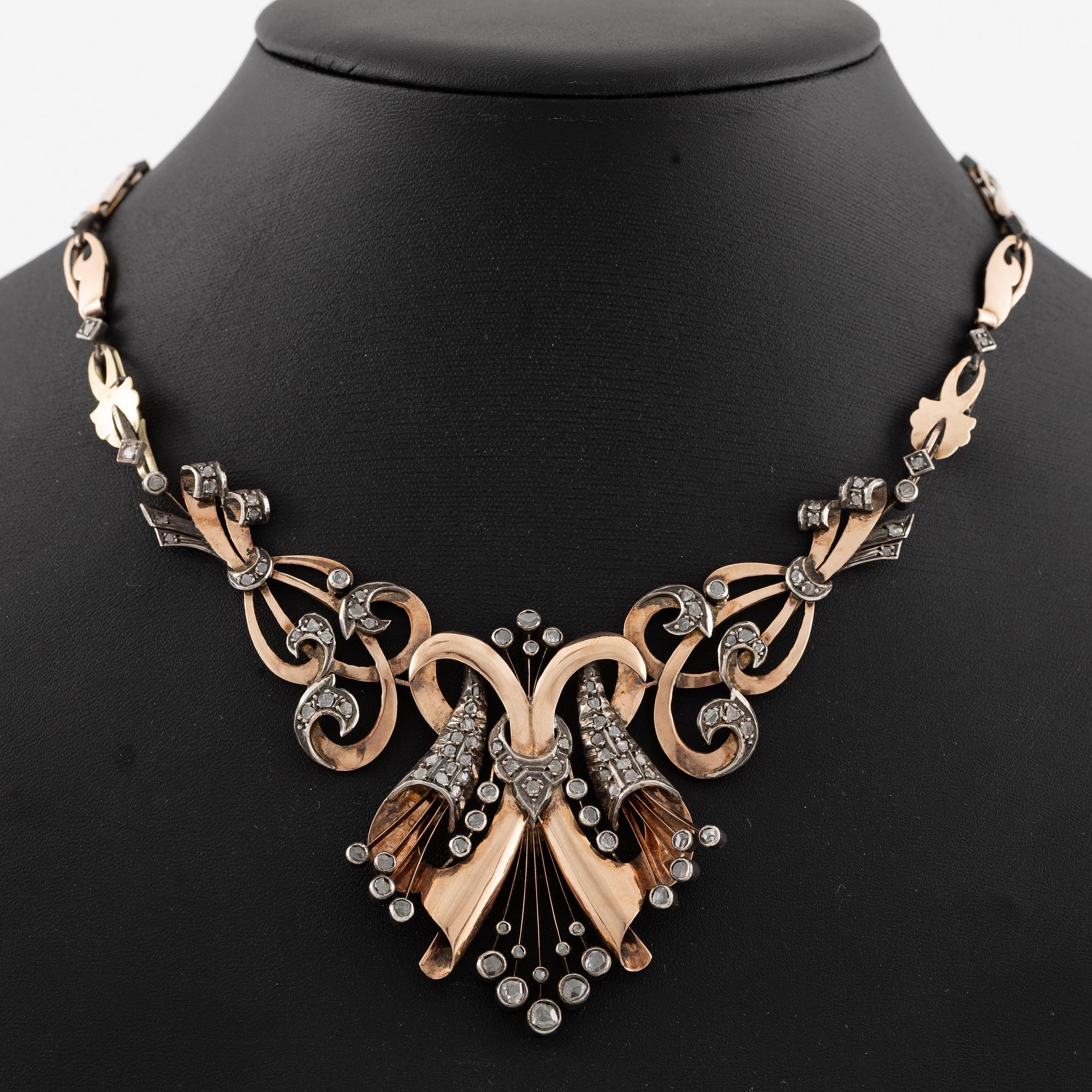 Necklace 14K gold and silver with rose-cut diamonds.