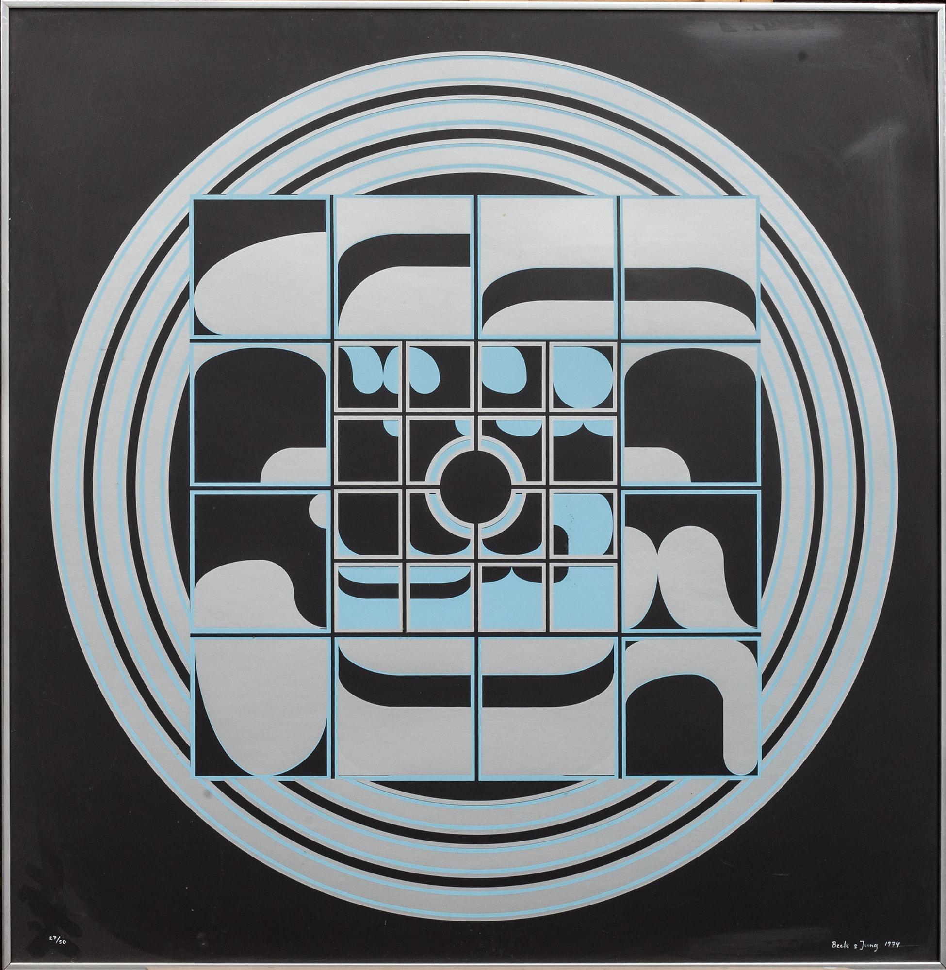 BECK & JUNG, 2 st. (HOLGER BÄCKSTRÖM & BO LJUNGBERG),  färgserigrafi, signerade o numrerade, daterade 1974.
