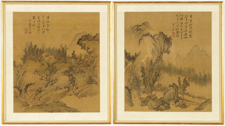 Unidentified Chinese artist, two paintings, watercolour and ink on silk, 19th/20th Century.