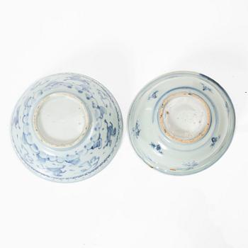 A group of four blue and white porcelain bowls, made for the Southeast Asian market, Ming and Qing dynasty.