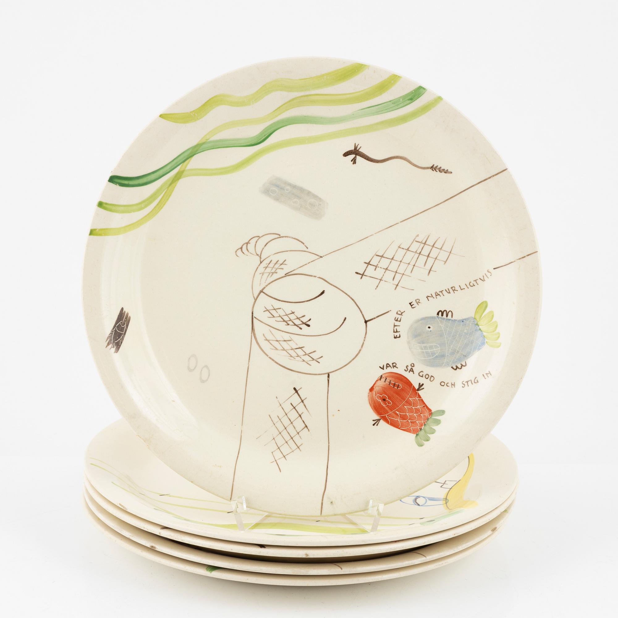 Stig Lindberg, tallrikar, 9 st, "Löja", Gustavsberg.