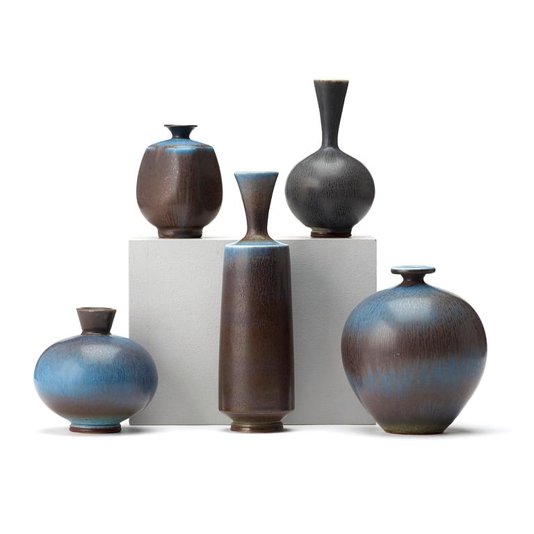 Berndt Friberg, a set of five stoneware vases, Gustavsberg studio 1970's.