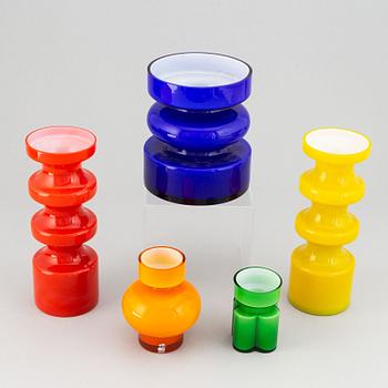 PO Ström, five glass vases from Alsterfors glasbruk, ca 1970.