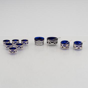 Ten silver salt cellars with glass inserts, Germany and Sweden, mostly early 20th century.