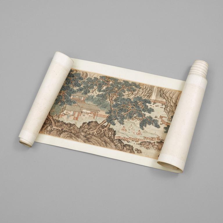 A handscroll of figures in a landscape, and with calligraphy, Qing dynasty, 19th Century.