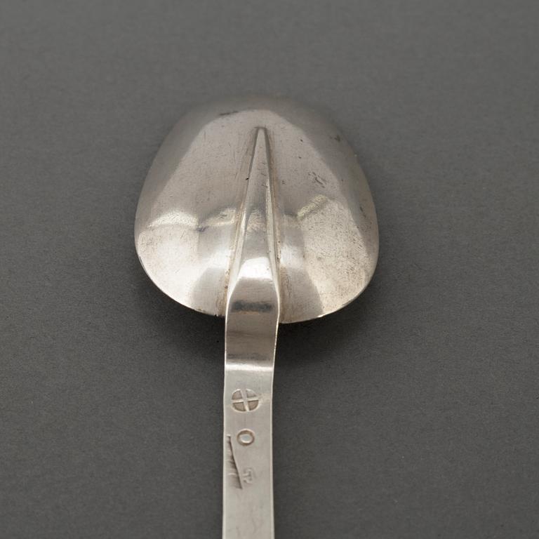 A silver rat tail spoon, possibly Oberphalen,  Estonia 18th century, unidentified makers mark.