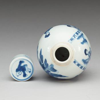 A blue and white jar with cover, Qing dynasty, Kangxi (1662-1722), with Chenghua four character mark.