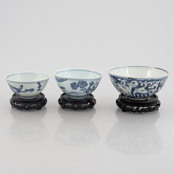 Three blue and white porcelain bowls, China, Ming dynasty (1368-1644).